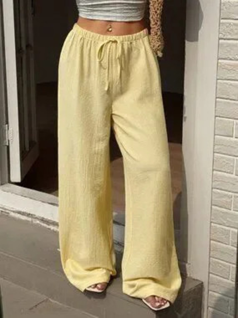 Butter Yellow Casual Women's Vacation Travel Tie-Up Straight Leg Trousers